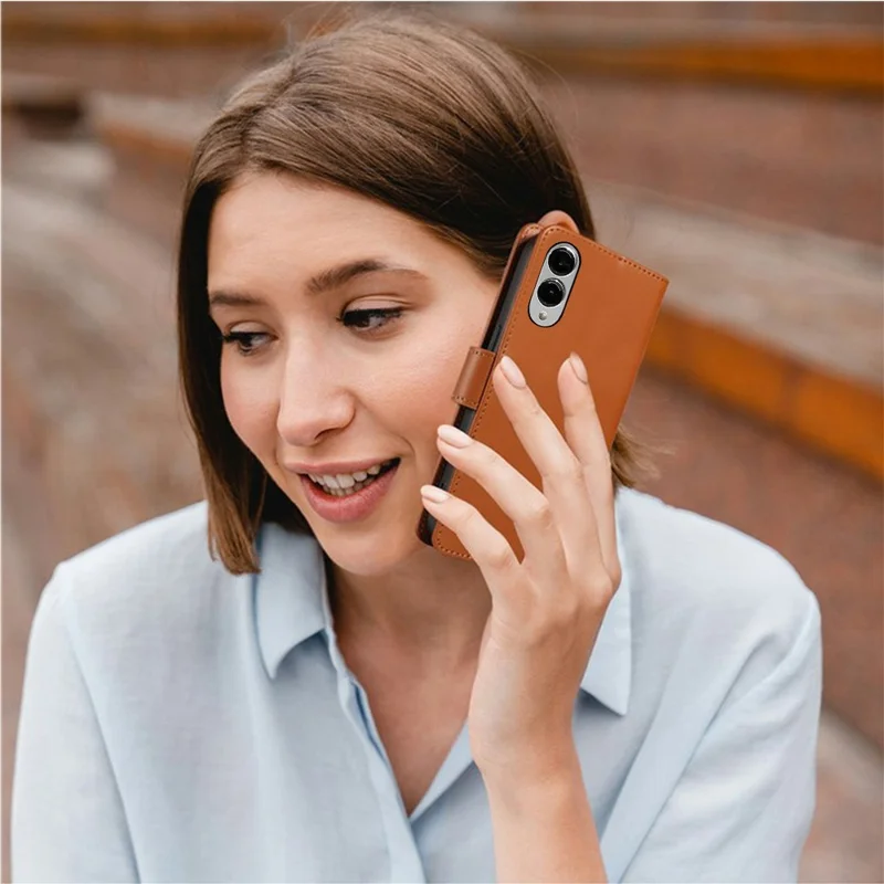 For Samsung Galaxy S25 Edge Case RFID Blocking Leather Wallet Flip Phone Cover with Wrist Strap - Light Brown