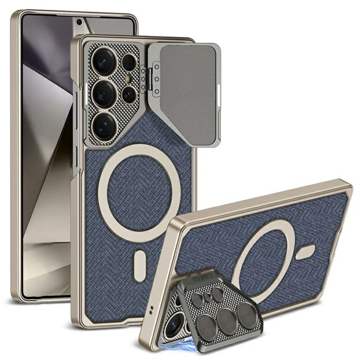 GKK For Samsung Galaxy S23 Ultra Magnetic Case Skin-Touch PU Leather + PC Phone Cover with Metal Lens Cover - Blue