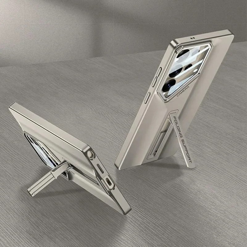 GKK For Samsung Galaxy S25 Ultra Case Kickstand Shockproof PC Phone Cover with Glass Lens Cover - Titanium Gold