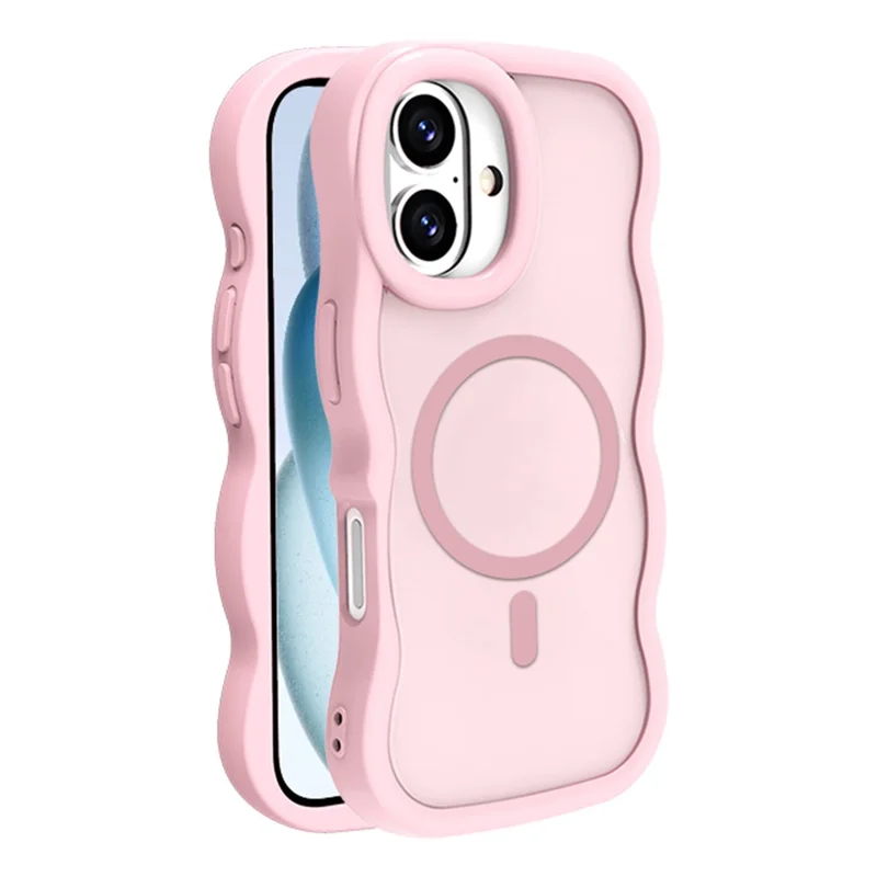 For iPhone 16 Case Compatible with MagSafe TPU + PC Phone Back Cover Skin Touch Wave Shape - Pink