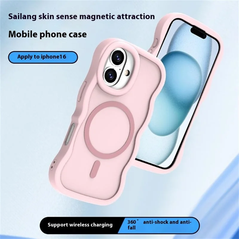 For iPhone 16 Case Compatible with MagSafe TPU + PC Phone Back Cover Skin Touch Wave Shape - Pink