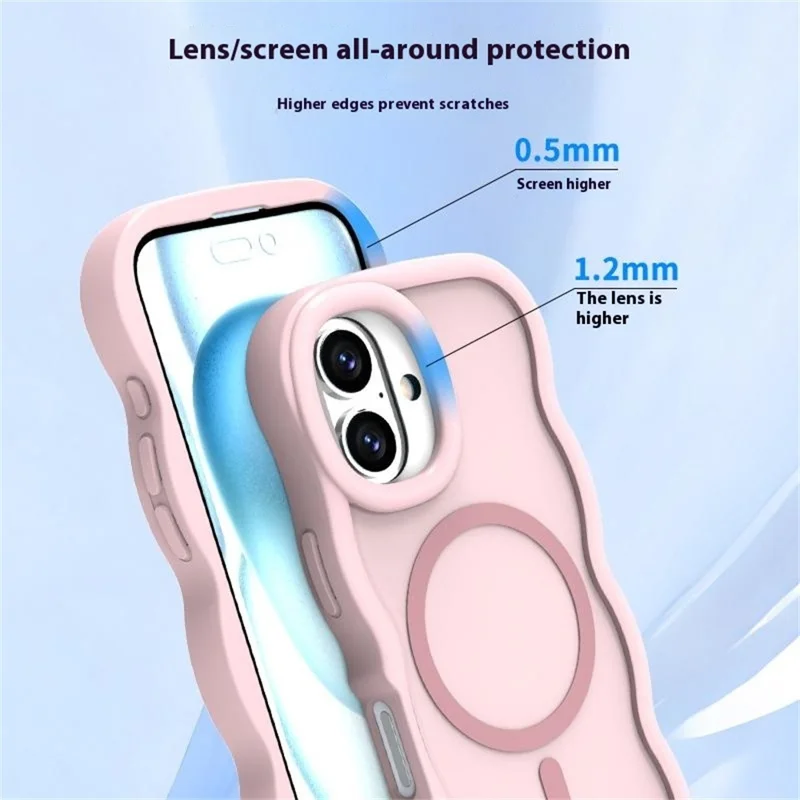 For iPhone 16 Case Compatible with MagSafe TPU + PC Phone Back Cover Skin Touch Wave Shape - Pink