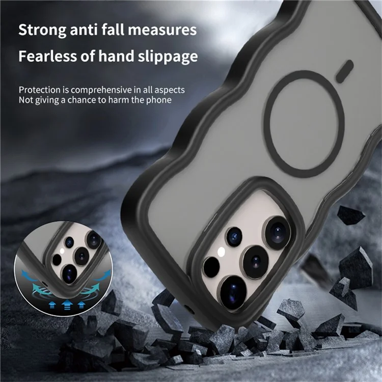 For Samsung Galaxy S24 Ultra Case Compatible with MagSafe TPU + PC Phone Back Cover Skin Touch Wave Shape - Black