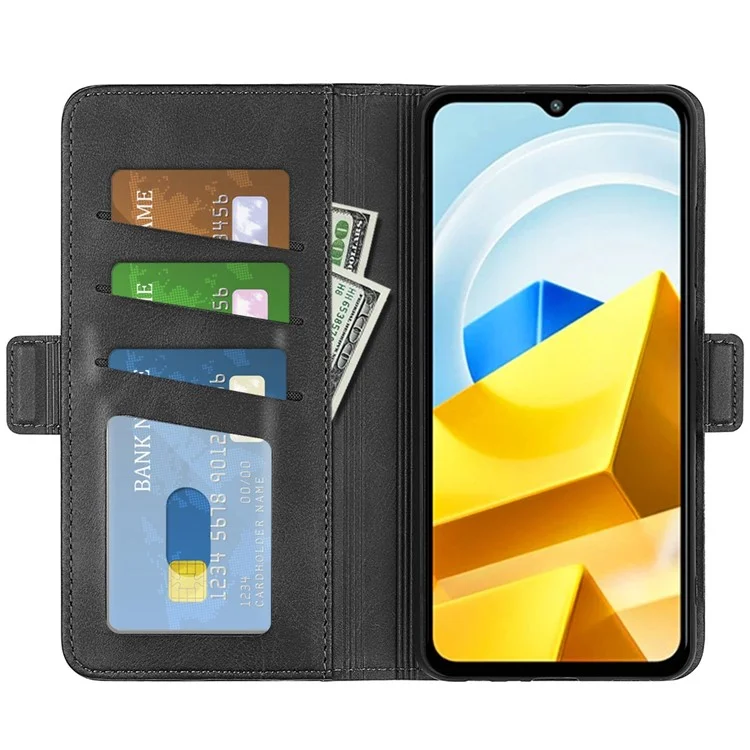 Для Xiaomi Poco M5 4G Теленка Текстурированная Кожаная Кожаная Подставка Для Телефона Телефонная Кошелька Корпус Двойной Магнитная Застежка Защитная Оболочка - Черный