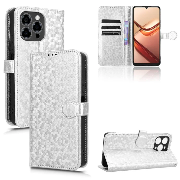 For Doogee Note 58 Pro  /  Note 58 Wallet Case Dot Pattern Imprint PU Leather Phone Cover - Silver