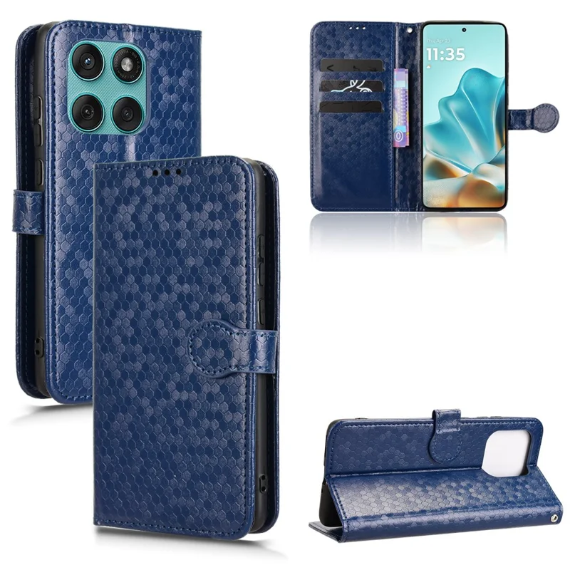 For Motorola Edge (2025) 5G Wallet Case Dot Pattern Imprint PU Leather Phone Cover - Dark Blue