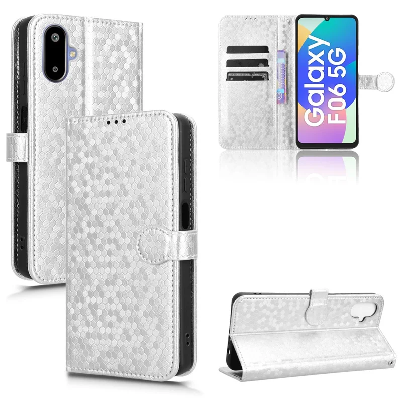 For Samsung Galaxy F06 5G  /  M06 5G Wallet Case Dot Pattern Imprint PU Leather Phone Cover - Silver