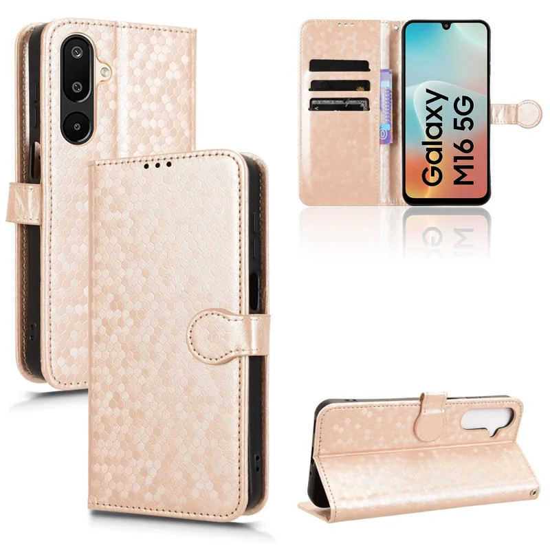 For Samsung Galaxy M16 5G  /  F16 5G Wallet Case Dot Pattern Imprint PU Leather Phone Cover - Rose Gold