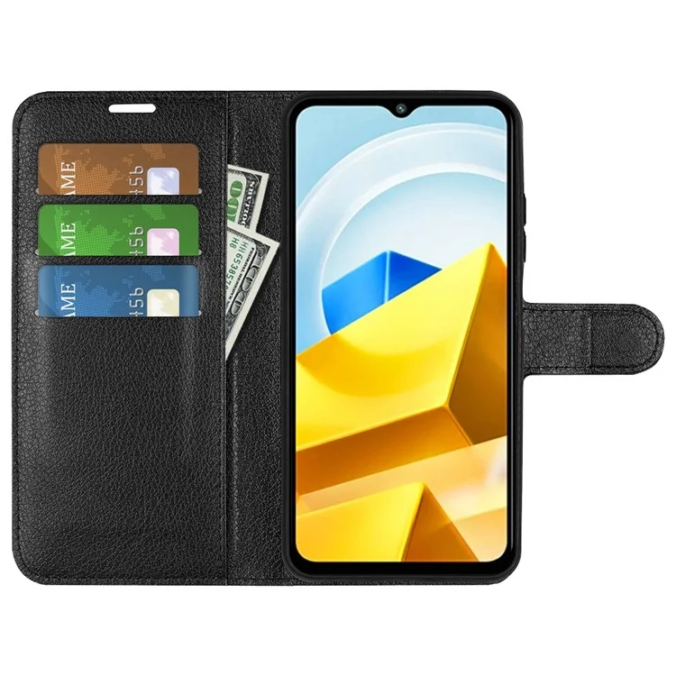 Pour Xiaomi Poco M5 4G Étui Folio Flip Phone Cas Texture Litchi Cuir PU Antichoc Housse de Protection avec Porte-Cartes Stand - Noir
