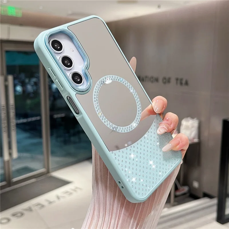 For Samsung Galaxy S24 FE Magnetic Case Mirror Surface TPU + PC Shockproof Phone Cover - Baby Blue