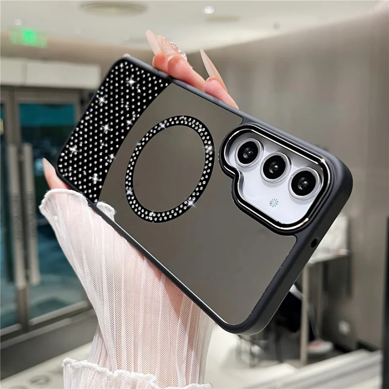 For Samsung Galaxy A35 5G Magnetic Case Mirror Surface TPU + PC Shockproof Phone Cover - Black