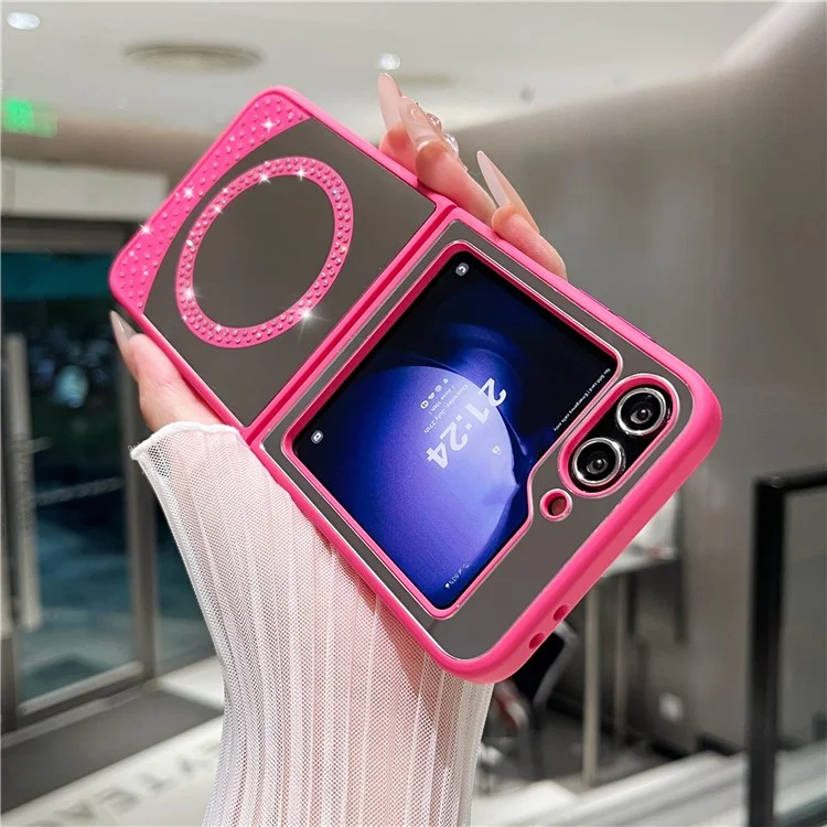 Чехол для Samsung Galaxy Z Flip6 5G с магнитным зеркальным покрытием из ТПУ + ПК, противоударный - Розовый