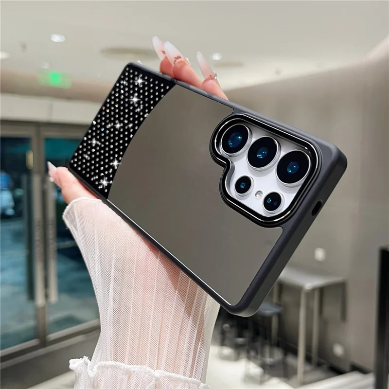 For Samsung Galaxy S25 Ultra Case Mirror Surface TPU + PC Shockproof Phone with Metal Lens Frame - Black