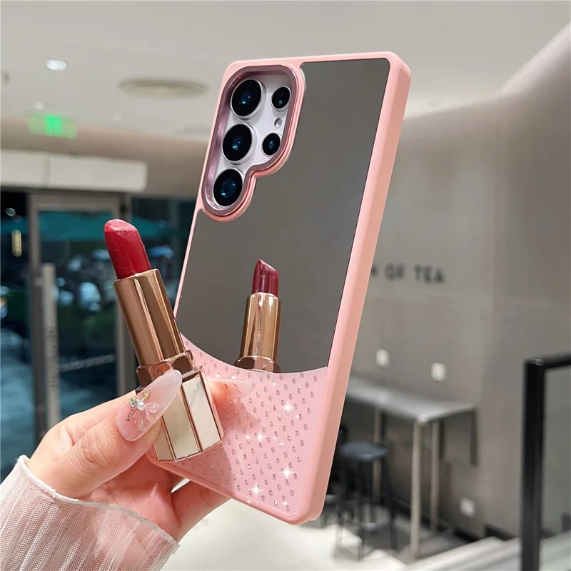 For Samsung Galaxy S24 Ultra Case Mirror Surface TPU + PC Shockproof Phone with Metal Lens Frame - Pink