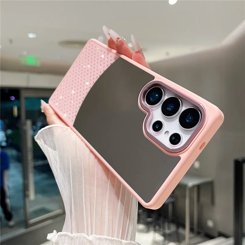 For Samsung Galaxy S24 Ultra Case Mirror Surface TPU + PC Shockproof Phone with Metal Lens Frame - Pink