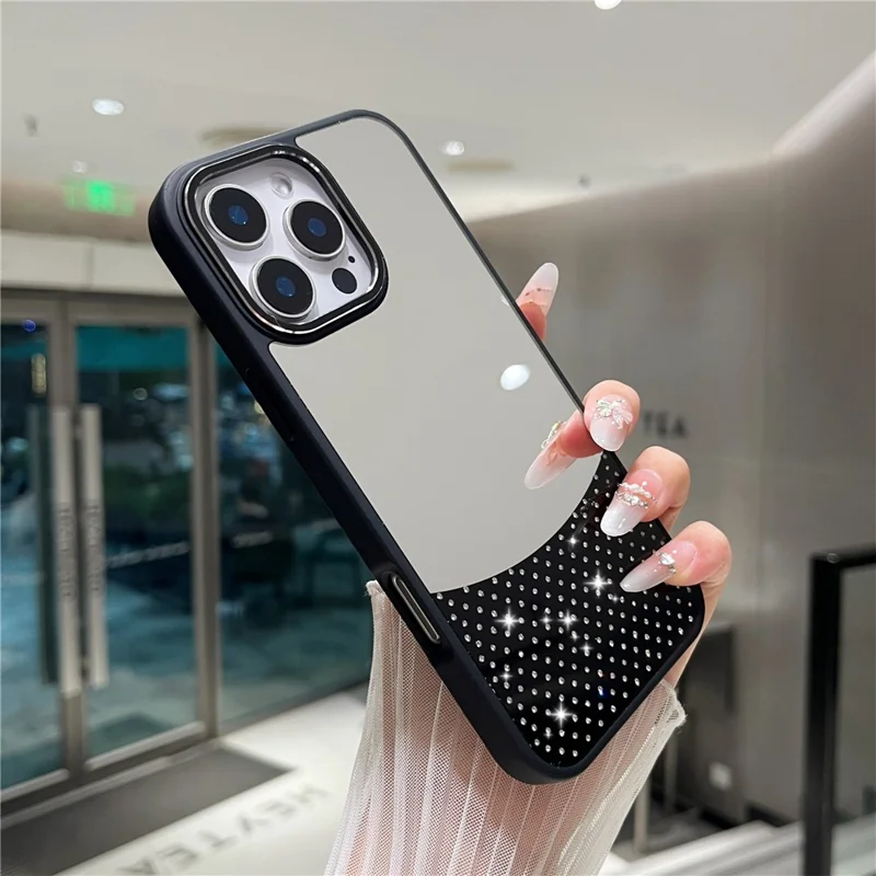 For iPhone 16 Pro Max Case Mirror Surface TPU + PC Shockproof Phone with Metal Lens Frame - Black