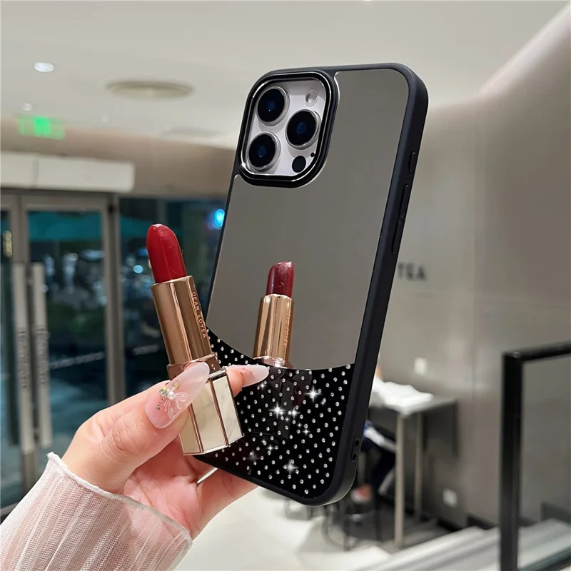 For iPhone 16 Pro Max Case Mirror Surface TPU + PC Shockproof Phone with Metal Lens Frame - Black