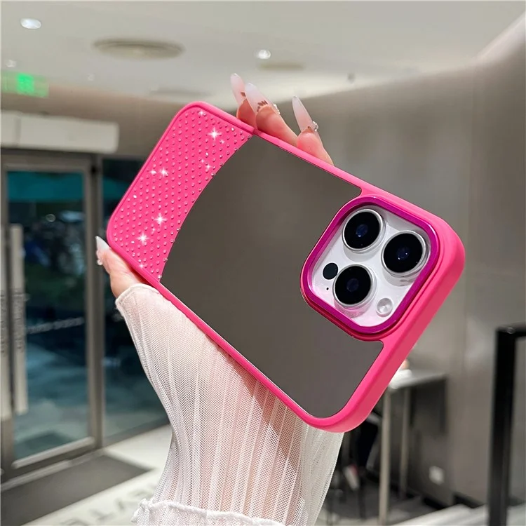 For iPhone 16 Pro Case Mirror Surface TPU + PC Shockproof Phone with Metal Lens Frame - Rose