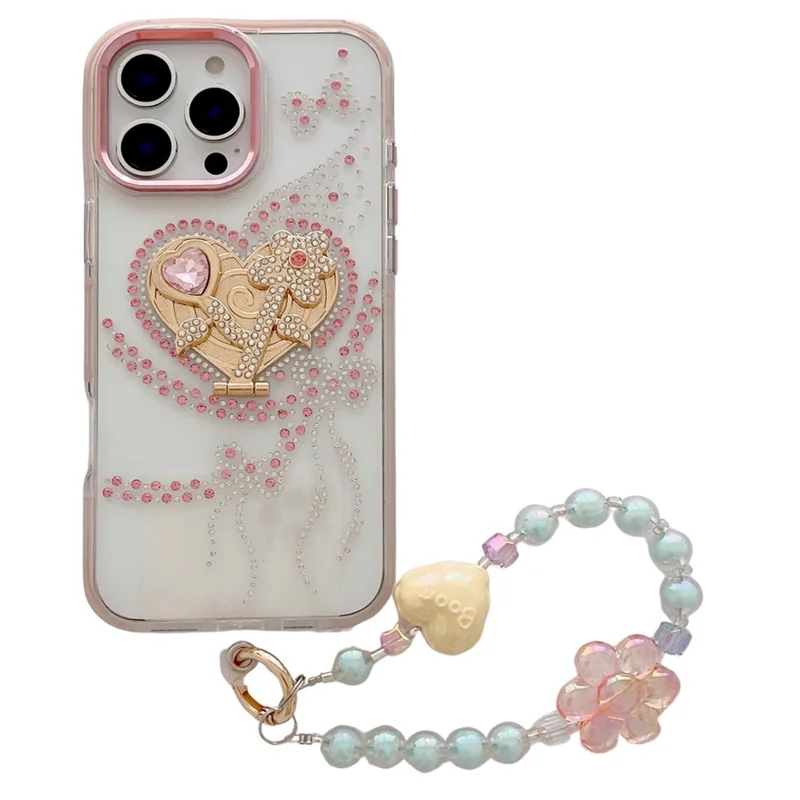 For iPhone 16 Pro Max Case with Heart Shape Kickstand, Strap Anti Drop TPU + PC Phone Cover - Pink