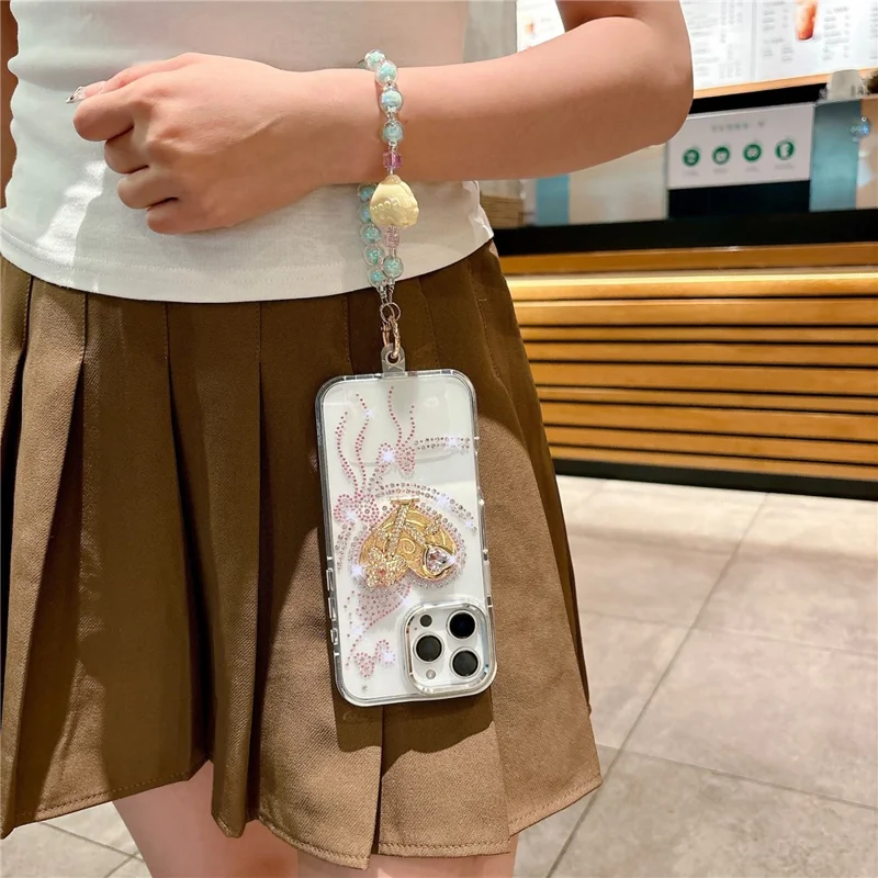 For iPhone 16 Pro Max Case with Heart Shape Kickstand, Strap Anti Drop TPU + PC Phone Cover - Pink