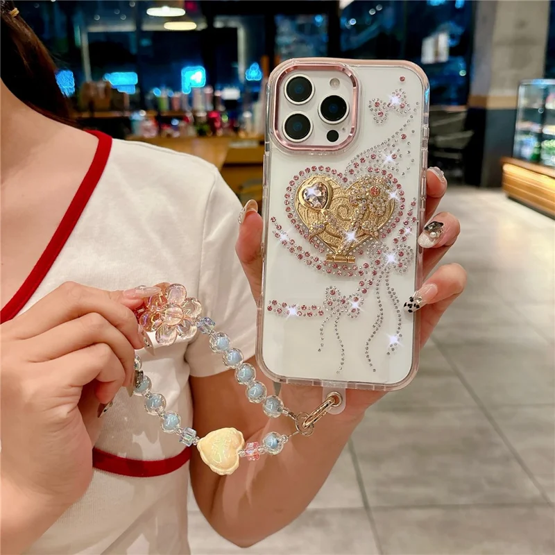 For iPhone 16 Pro Max Case with Heart Shape Kickstand, Strap Anti Drop TPU + PC Phone Cover - Pink