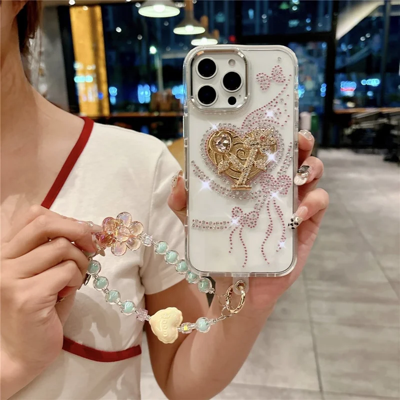 For iPhone 16 Pro Max Case with Heart Shape Kickstand, Strap Anti Drop TPU + PC Phone Cover - Pink