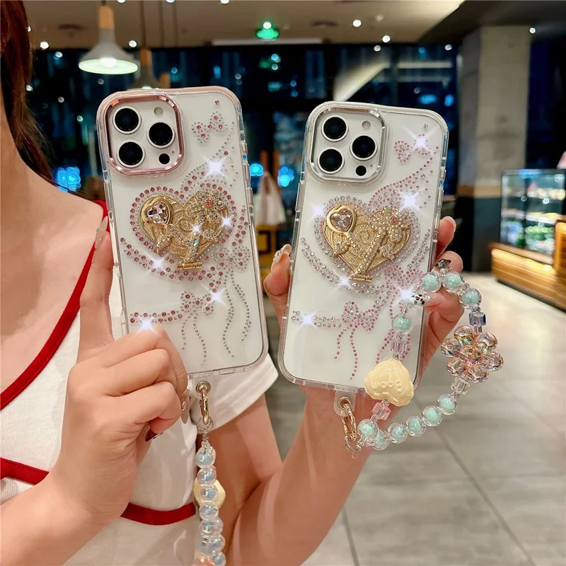 For iPhone 16 Pro Max Case with Heart Shape Kickstand, Strap Anti Drop TPU + PC Phone Cover - Pink