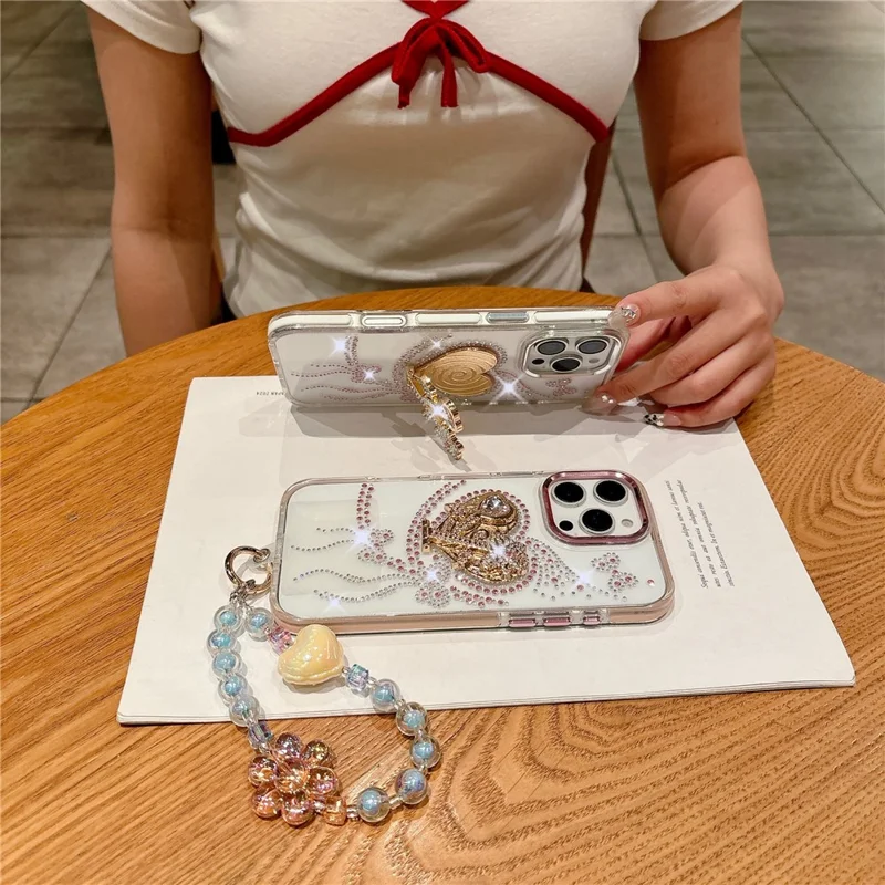 For iPhone 16 Pro Max Case with Heart Shape Kickstand, Strap Anti Drop TPU + PC Phone Cover - Pink