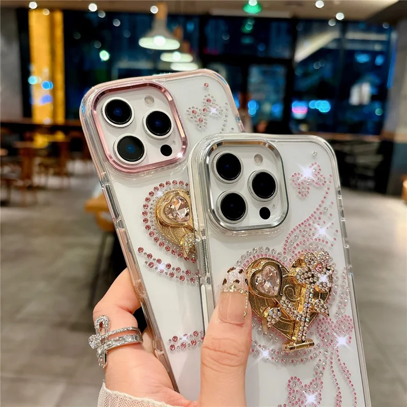 For iPhone 16 Pro Max Case with Heart Shape Kickstand, Strap Anti Drop TPU + PC Phone Cover - Pink