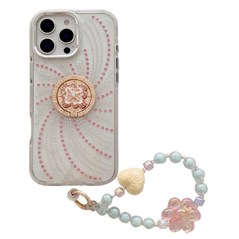 For iPhone 16 Pro Max Case with Tether Tabs Wrist Strap Kickstand TPU + PC Phone Back Cover - White
