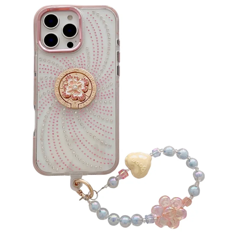 For iPhone 16 Pro Case with Tether Tabs Wrist Strap Kickstand TPU + PC Phone Back Cover - Pink