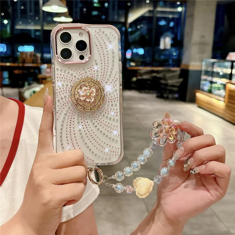 For iPhone 16 Pro Case with Tether Tabs Wrist Strap Kickstand TPU + PC Phone Back Cover - Pink