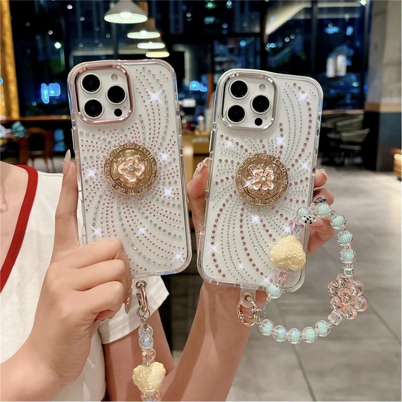 For iPhone 16 Pro Case with Tether Tabs Wrist Strap Kickstand TPU + PC Phone Back Cover - Pink