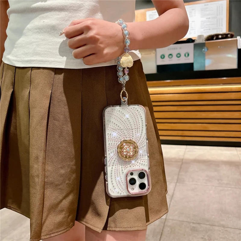 For iPhone 16 Pro Case with Tether Tabs Wrist Strap Kickstand TPU + PC Phone Back Cover - Pink