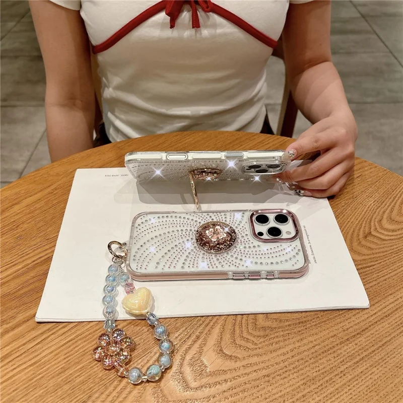 For iPhone 16 Pro Case with Tether Tabs Wrist Strap Kickstand TPU + PC Phone Back Cover - Pink