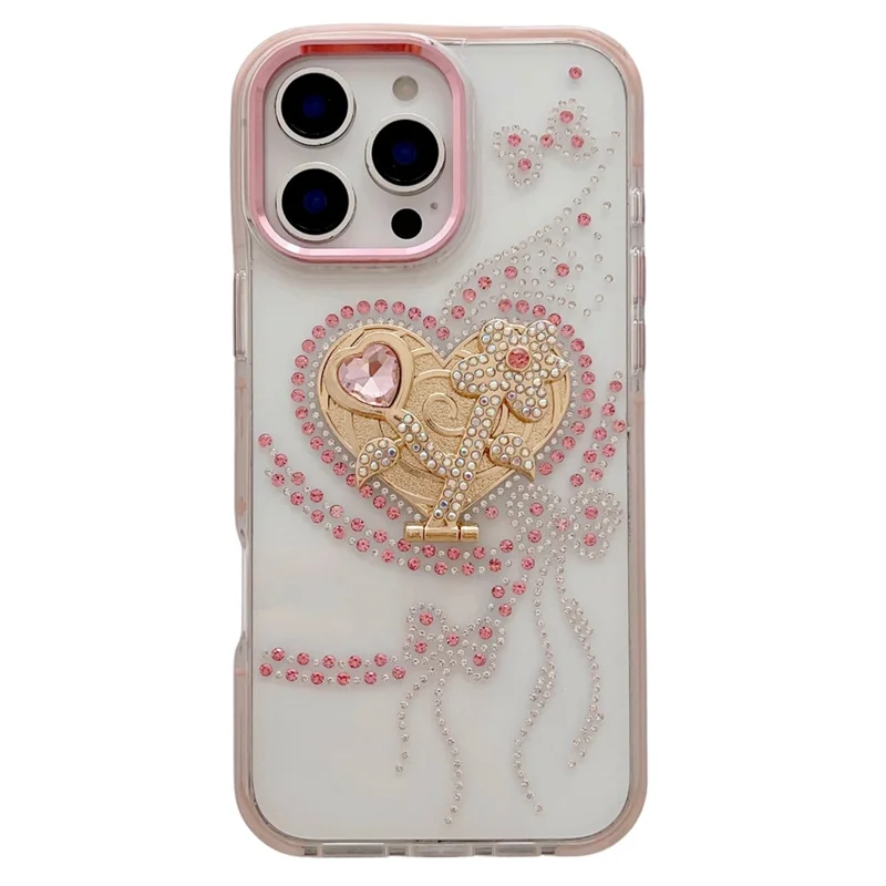 For iPhone 16 Pro Case with Heart Shape Kickstand Anti Drop TPU + PC Phone Cover - Pink