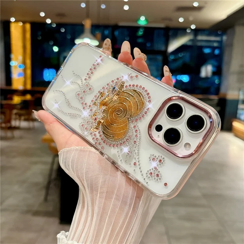 For iPhone 16 Pro Case with Heart Shape Kickstand Anti Drop TPU + PC Phone Cover - Pink