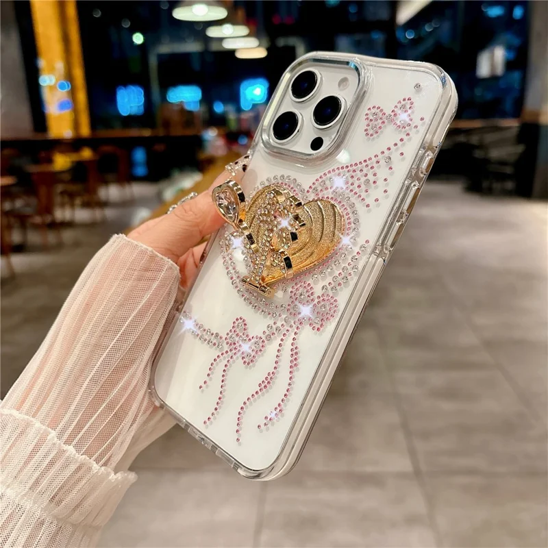 For iPhone 16 Pro Case with Heart Shape Kickstand Anti Drop TPU + PC Phone Cover - Pink