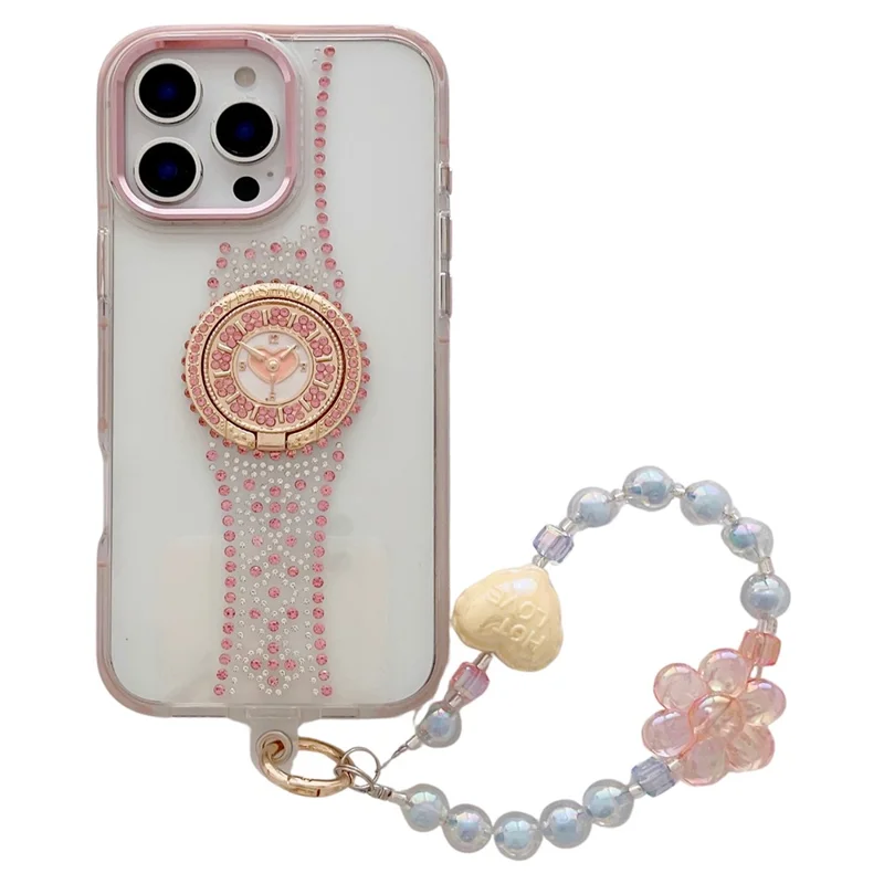 For iPhone 16 Pro Max Case with Strap, Watch Shape Rhinestone Decor TPU + PC Kickstand Phone Back Cover - Pink