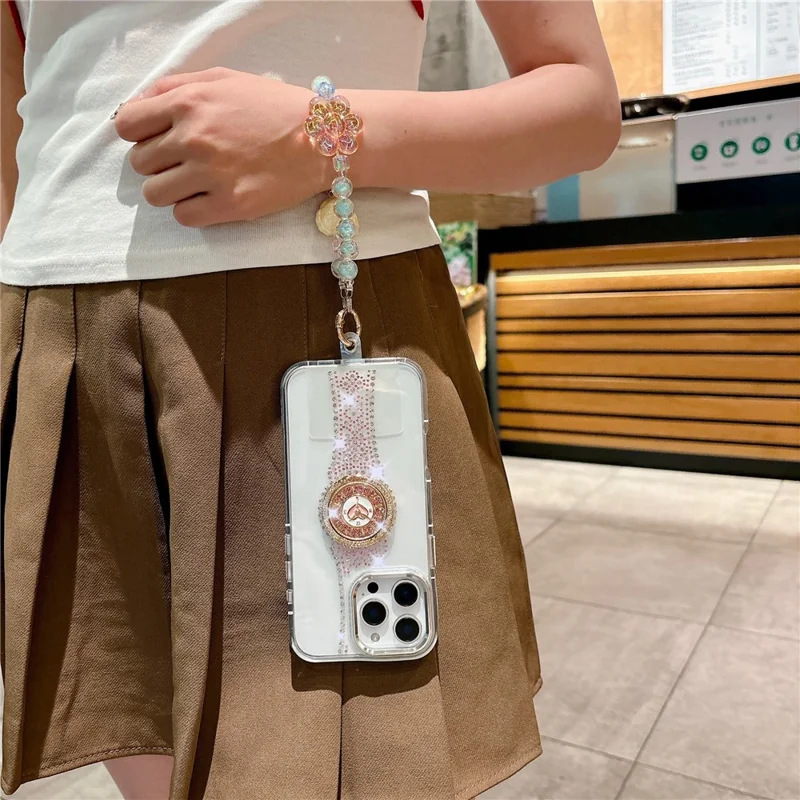 For iPhone 16 Pro Max Case with Strap, Watch Shape Rhinestone Decor TPU + PC Kickstand Phone Back Cover - Pink