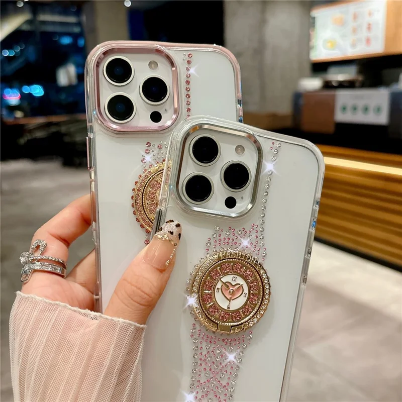 For iPhone 16 Pro Max Case with Strap, Watch Shape Rhinestone Decor TPU + PC Kickstand Phone Back Cover - Pink