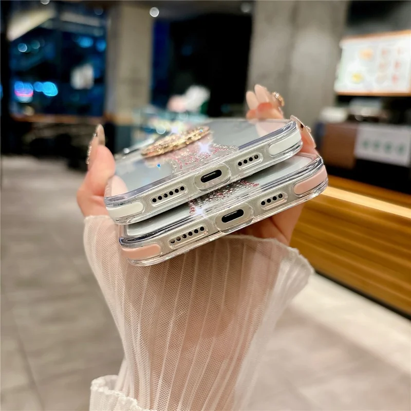 For iPhone 16 Pro Max Case with Strap, Watch Shape Rhinestone Decor TPU + PC Kickstand Phone Back Cover - Pink