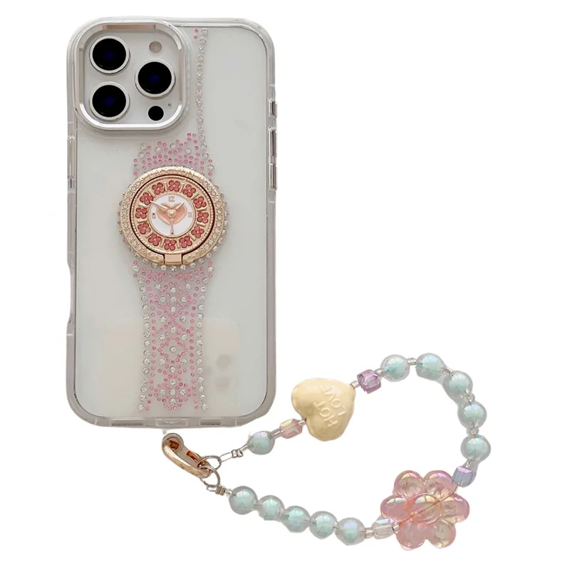 For iPhone 16 Pro Case with Strap, Watch Shape Rhinestone Decor TPU + PC Kickstand Phone Back Cover - White