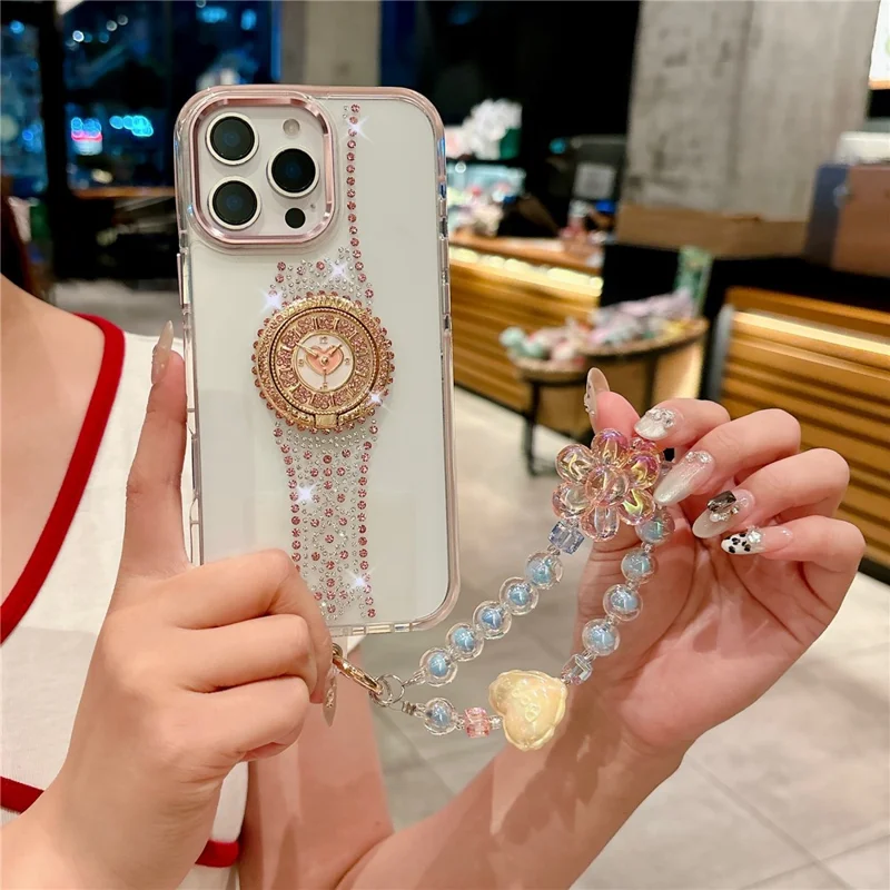 For iPhone 16 Pro Case with Strap, Watch Shape Rhinestone Decor TPU + PC Kickstand Phone Back Cover - White