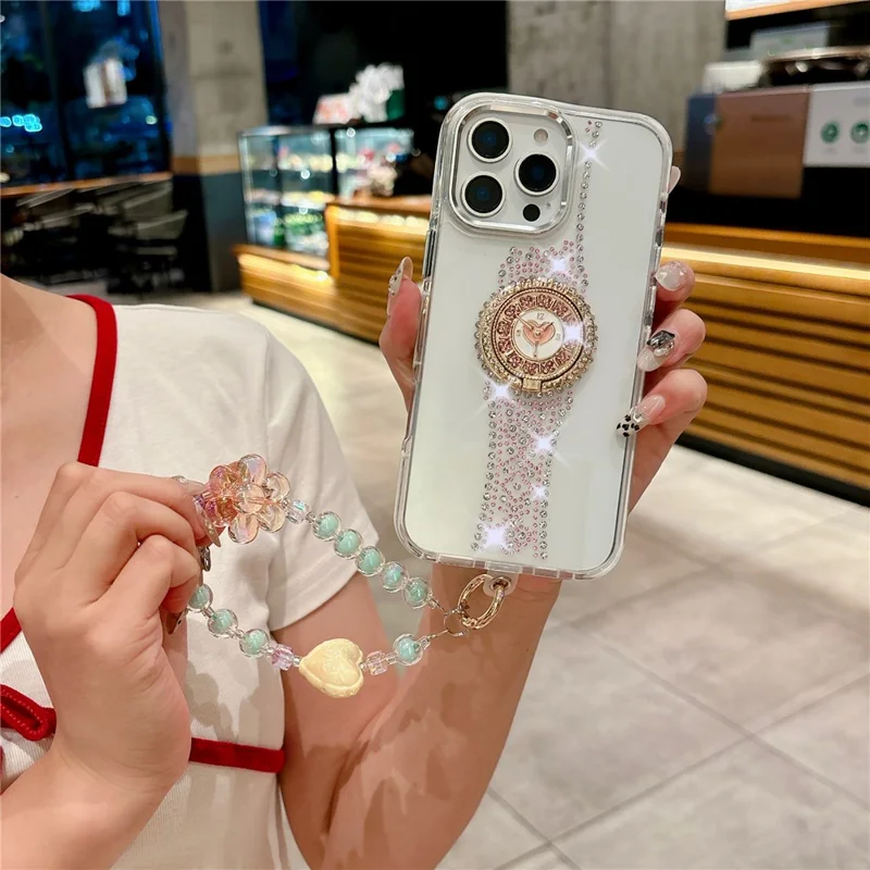For iPhone 16 Pro Case with Strap, Watch Shape Rhinestone Decor TPU + PC Kickstand Phone Back Cover - White