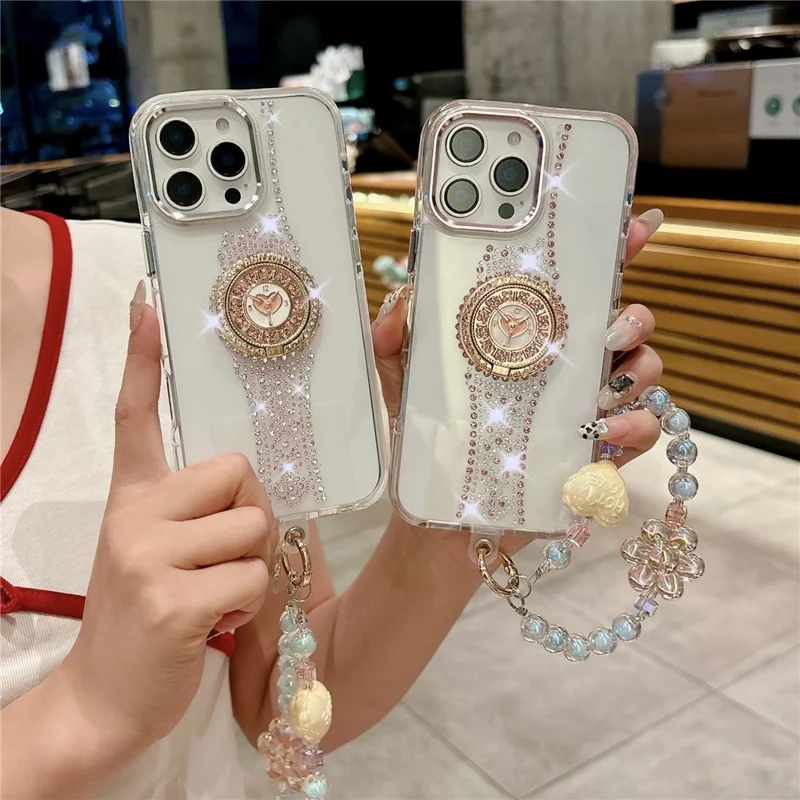 For iPhone 16 Pro Case with Strap, Watch Shape Rhinestone Decor TPU + PC Kickstand Phone Back Cover - White