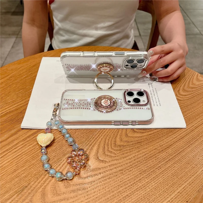 For iPhone 16 Pro Case with Strap, Watch Shape Rhinestone Decor TPU + PC Kickstand Phone Back Cover - White