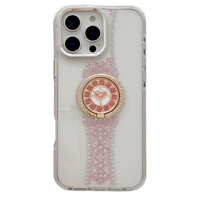 For iPhone 16 Pro Case with Kickstand Watch Shape Rhinestone Decor TPU + PC Phone Back Cover - White
