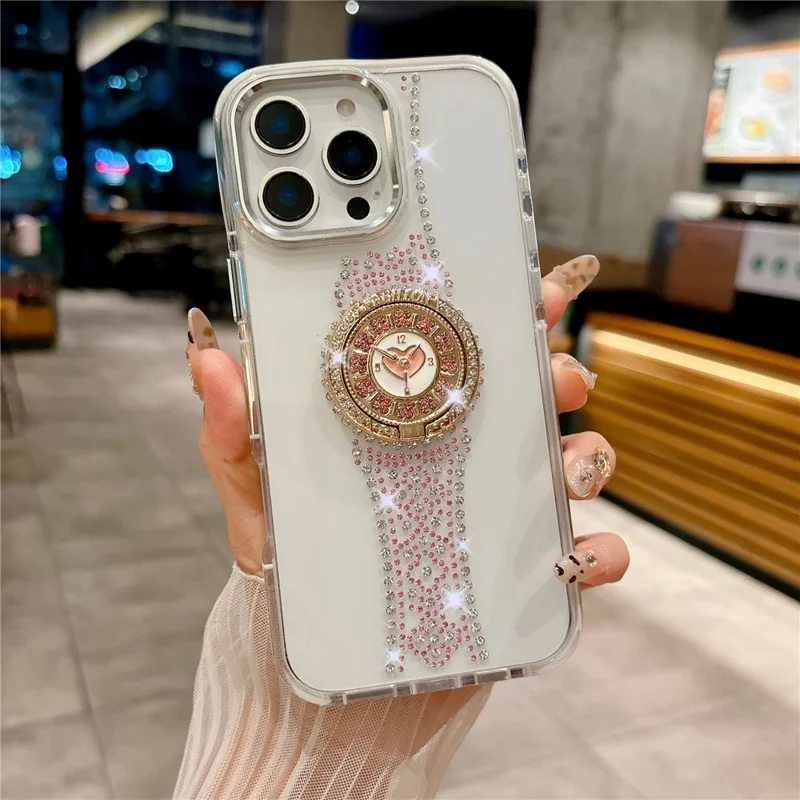 For iPhone 16 Pro Case with Kickstand Watch Shape Rhinestone Decor TPU + PC Phone Back Cover - White