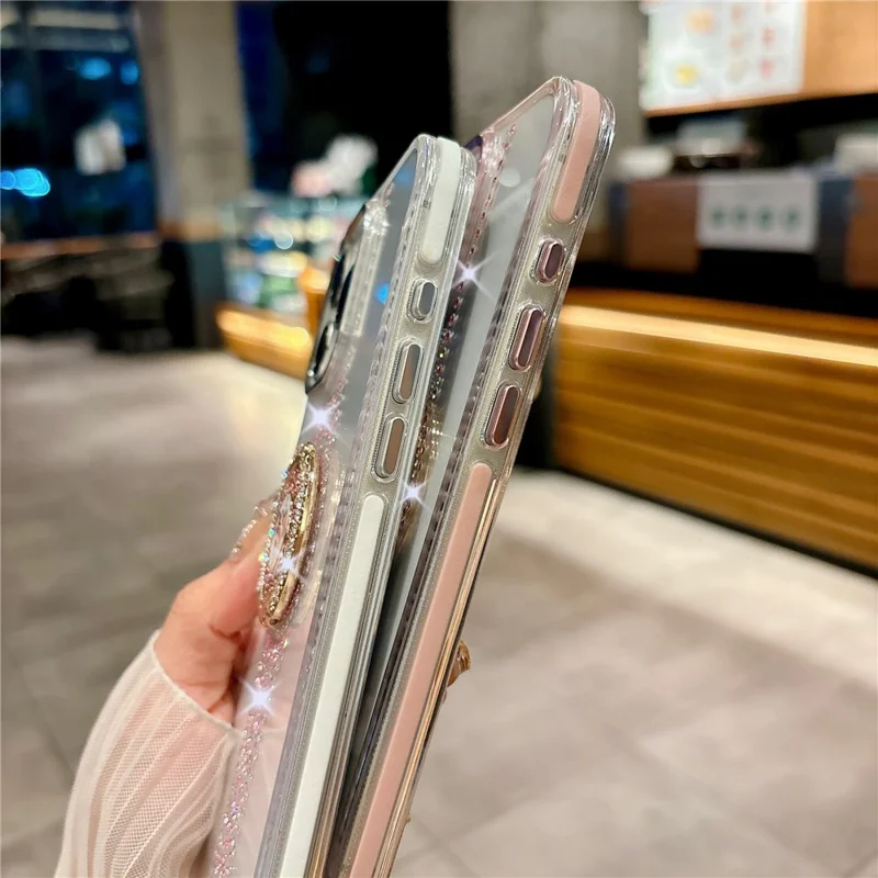 For iPhone 16 Pro Case with Kickstand Watch Shape Rhinestone Decor TPU + PC Phone Back Cover - White